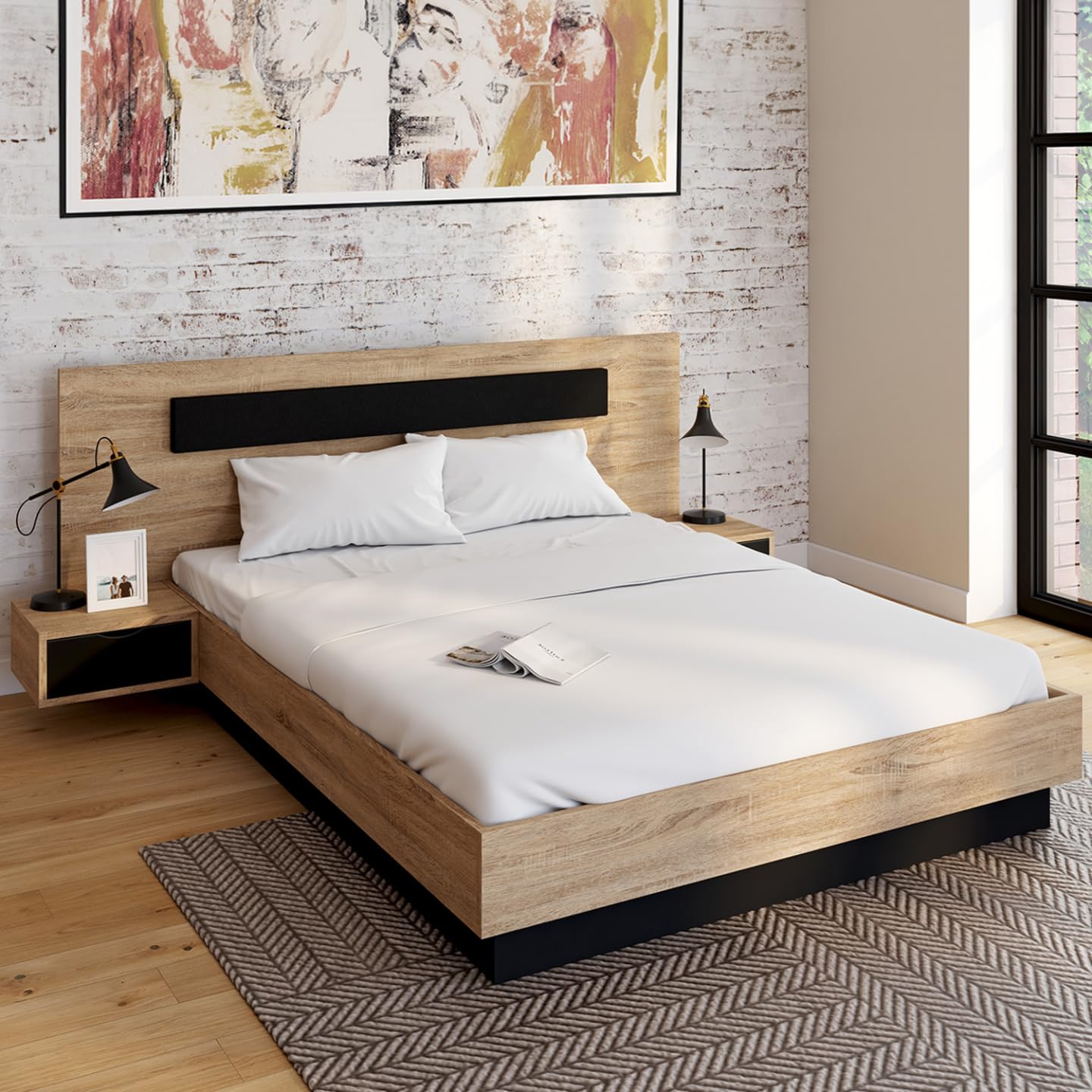 IDMarket - Cama doble Santa con cabecera + mesitas de noche integradas y somier de 140 x 190 cm, madera y negro
