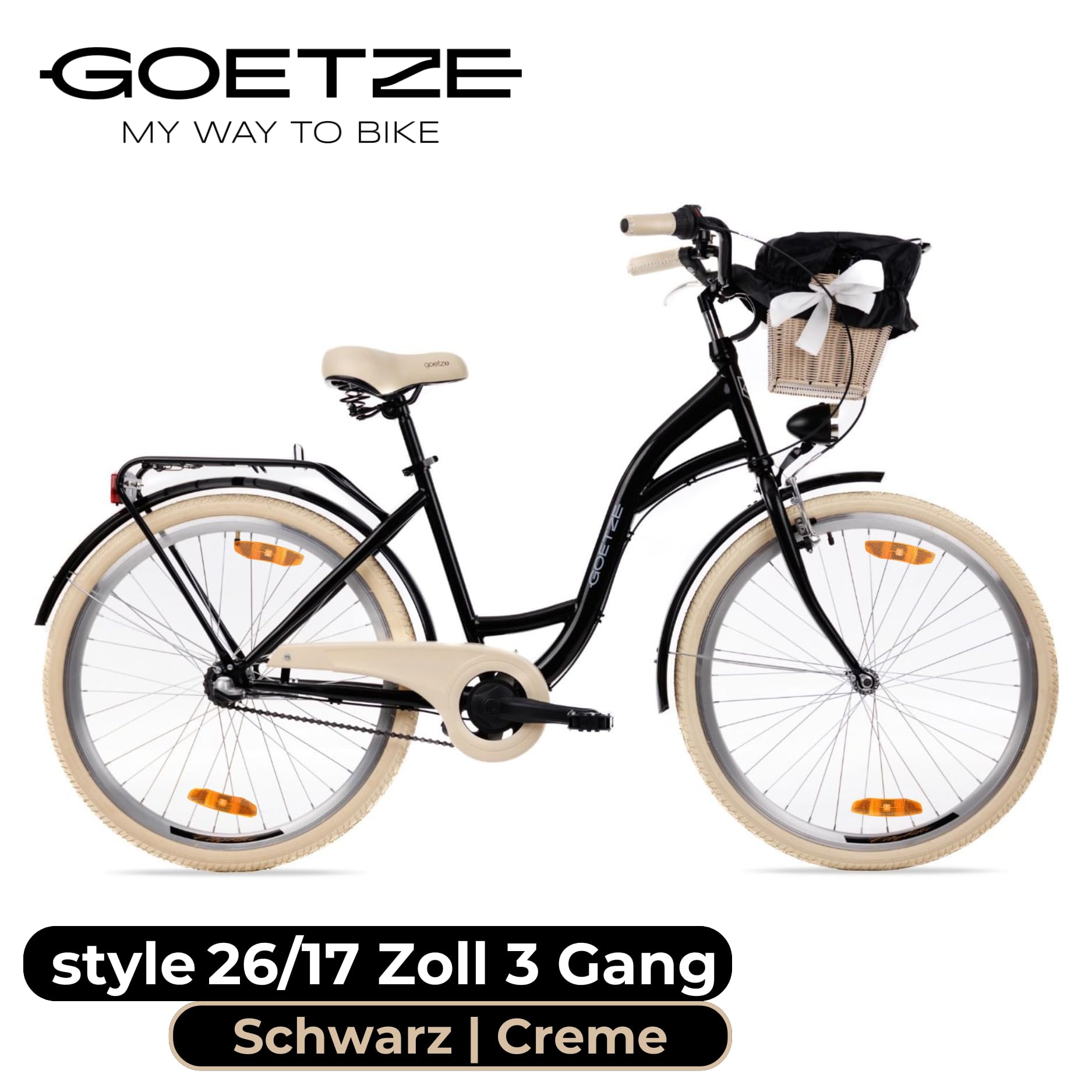 Goetze Style 26 Zoll Citybike, 17 Zoll Tiefeinsteiger Rahmen, 3-Gang Nabenschaltung, Rücktrittbremse, V-Bremse vorne, LED-Beleuchtung, Rattankorb, Komfortsattel, mit Seitenständer & Klingel