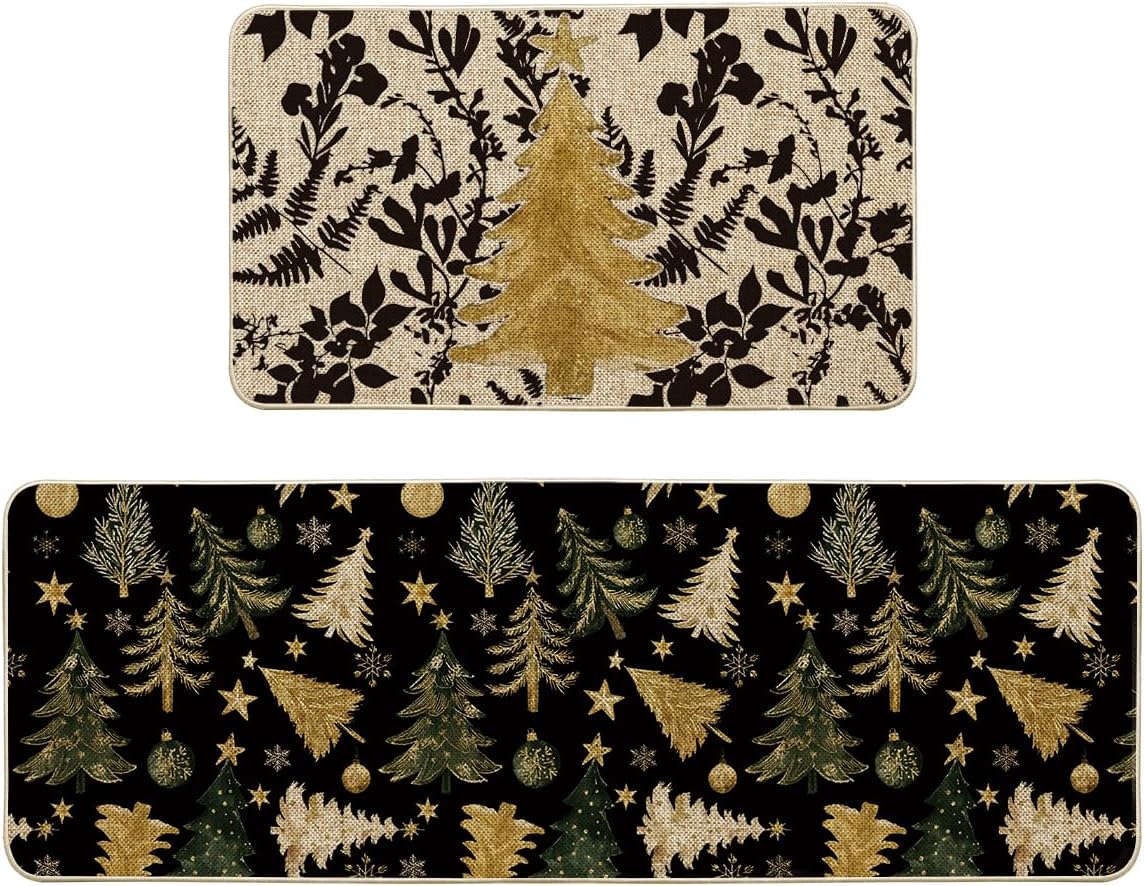 Artoid Mode Golden Xmas Tree Ornament Christmas Kitchen Mats Set of 2, Winter Low-Profile Home Decor Kitchen Rugs for Floor - 17x29 and 17x47 Inch