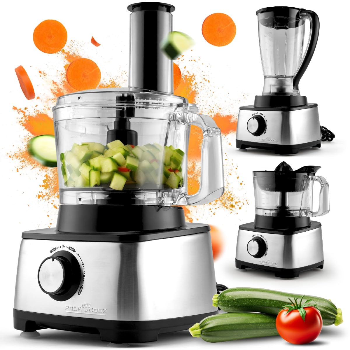 ProfiCook PC-KM 1063 robot de cocina compacto, cortar, amasar, mezclar, accesorio para prensar cítricos, 1,2L, apertura de rellenado, con función turbo incl. 11 accesorios, 1200W