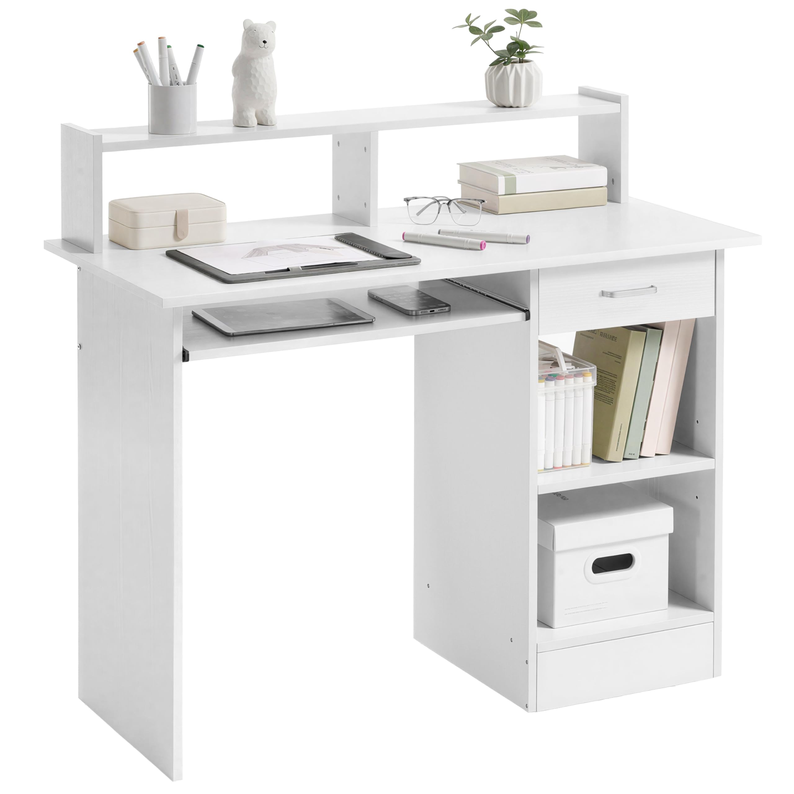 Yaheetech Scrivania per Computer Bianco Tavolo per PC da Studio con Cassetto Scrittoio con Libreria da Ufficio Salvaspazio Cameretta 106 x 50 x 94 cm