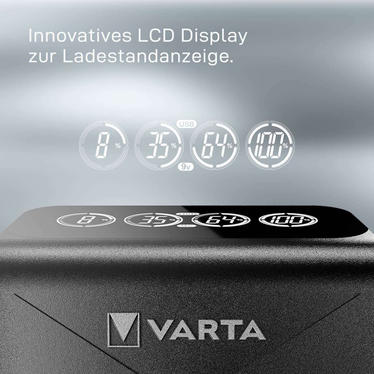 VARTA Akku Ladegerät mit EU-Stecker für 2/4 wiederaufladbare AA/AAA Batterien, 1x 9V, 1x USB-Gerät - LCD Plug Charger+ schwarz - Inkl. 4x AA 2100 mAh