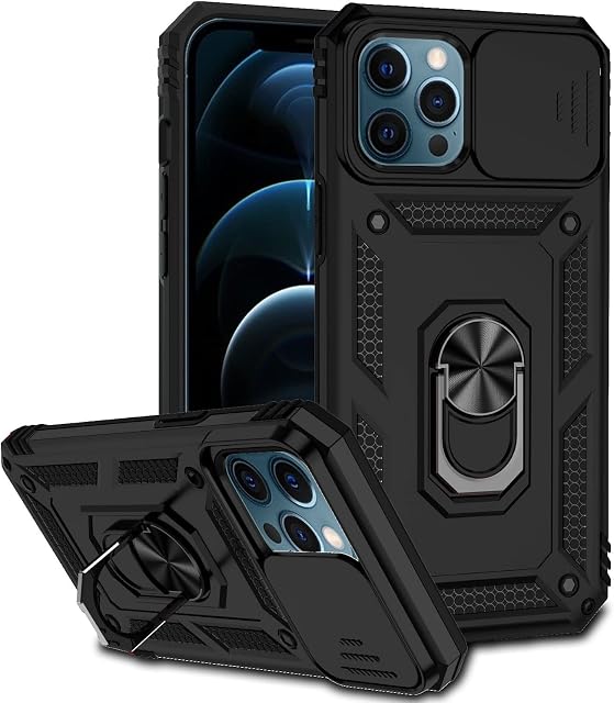 Hitaoyou iPhone 12 Pro Max Case with Camera Cover & Kickstand, Slide Lens Protection + 360° Rotate Ring Stand, Impact-Resistant, Shockproof, Protective Bumper,Covers for iPhone 12 pro max Black
