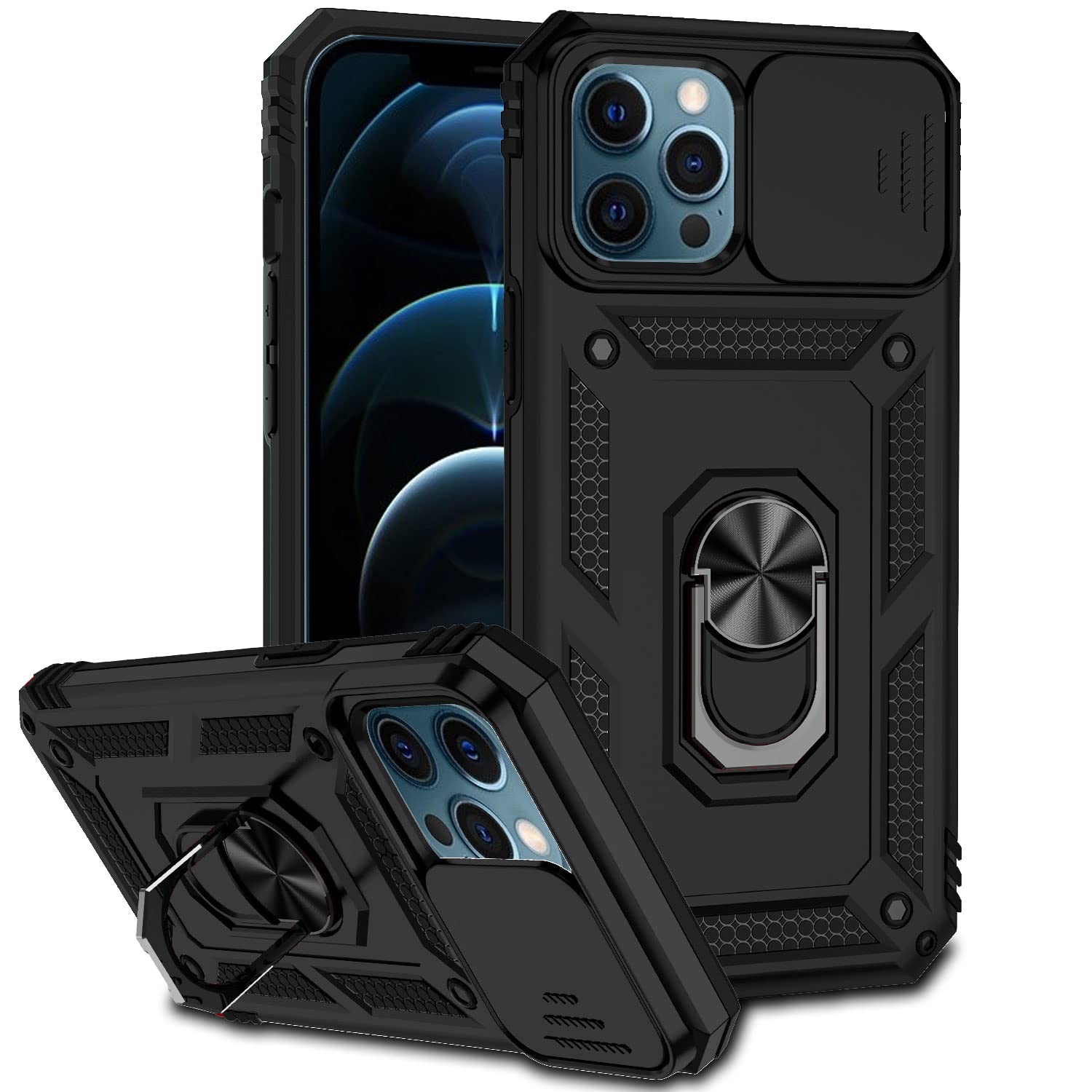 Jiyu Funda Compatible con iPhone 12 Pro MAX 6.7" Carcasă Armor Militar Cubierta de Cámara Deslizante Proteger Fundas con 360 Full Protección Anillo Soporte Silicona Estuche Cover Case,Negro