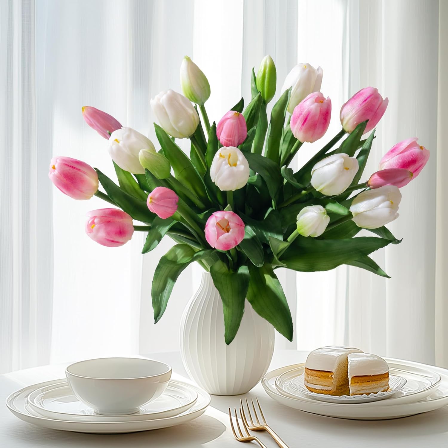 Bailikang 20PCS Fake Tulips Artificial Tulip Silk Flowers Fake PU Bouquet Artificial Flowers Faux Flowers with Gift Box Soft Faux Tulips Bouquets Arrangements for Party Wedding Home
