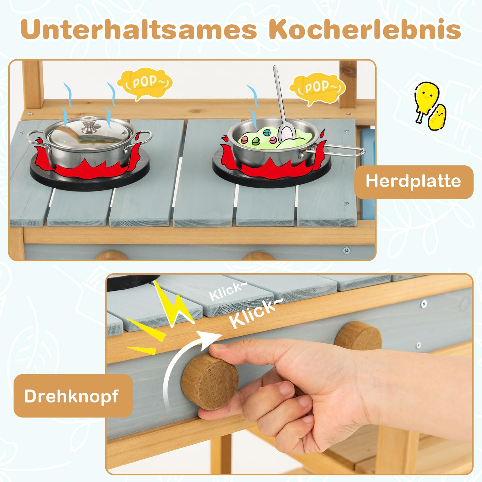 COSTWAY Matschküche Kinder Outdoor, Kinderküche Holz mit Wasserfunktion, Spielküche mit Haken & abnehmbarem Regal, Gartenküche Outdoorküche für Kinder ab 3 Jahren