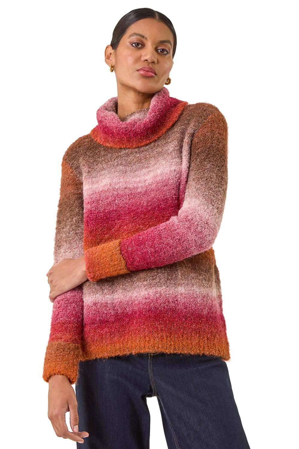 Roman Originals Women's Rust Ombre Stripe Knit Jumper For Uk - Everyday Autumn Winter High Neckline Comfy Soft Evening Vacation Work Party Night Out - Size 12