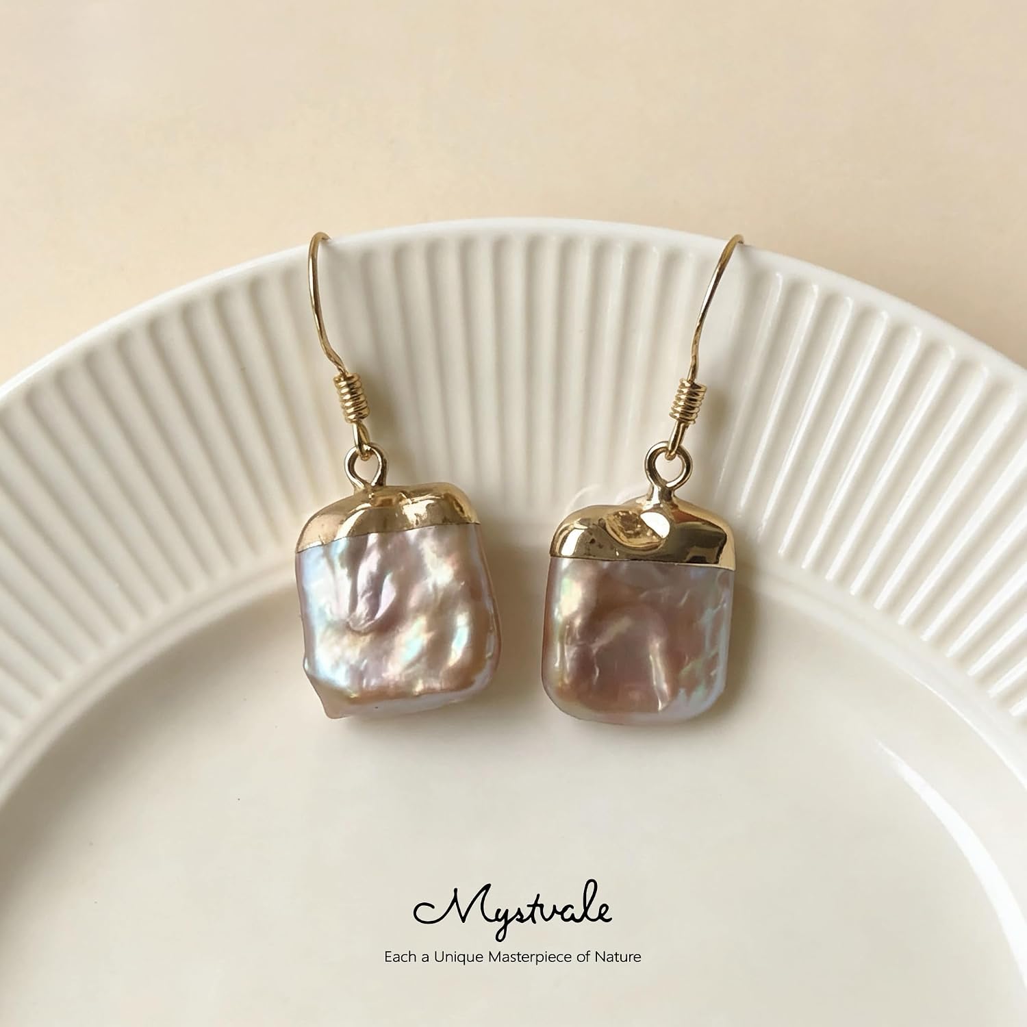 Freshwater Cultured Baroque Pearl Dangle Earrings for Women, 14K Gold Plated, Hypoallergenic Silver Posts, Pink Green White Pearl Jewelry, Business Casual, Romantic Gift for Her