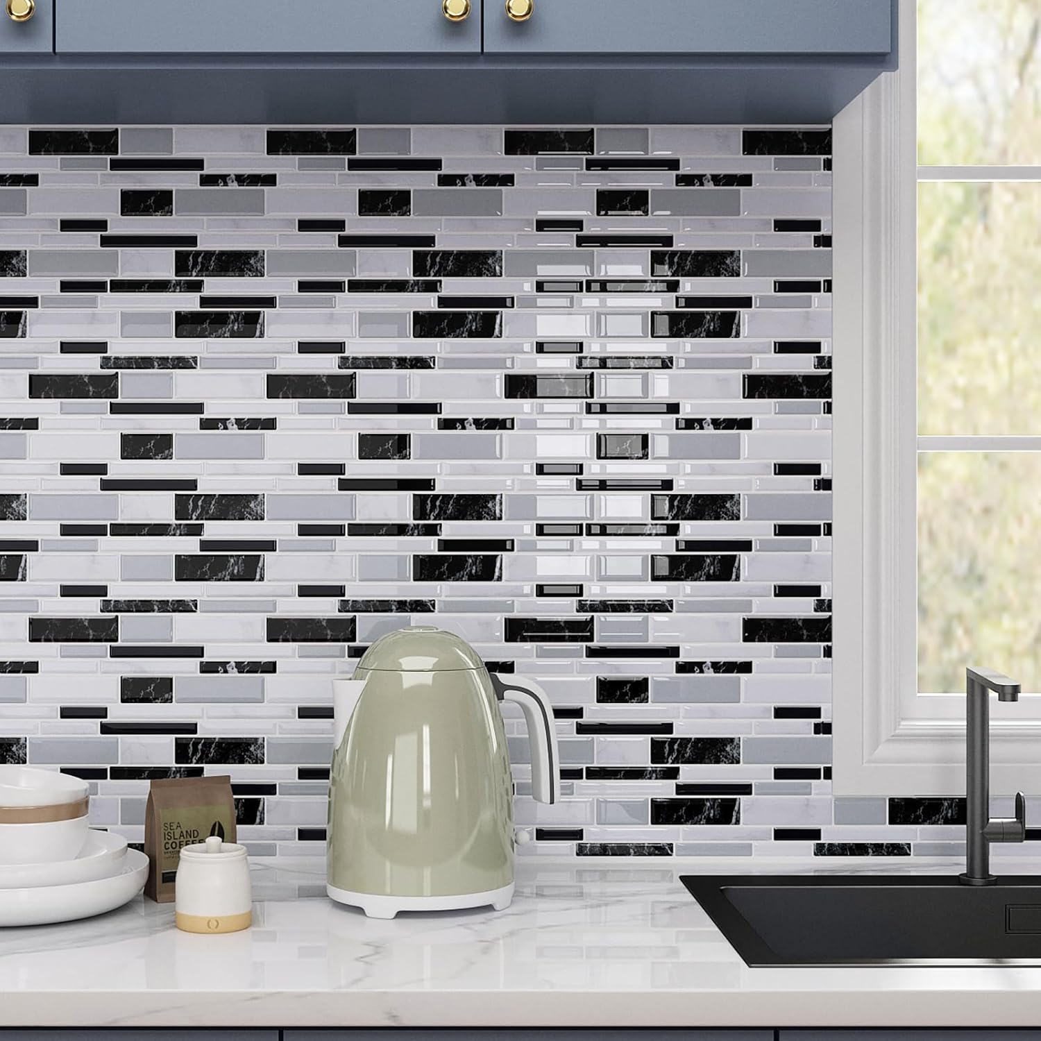 34 Sheets Peel and Stick Tiles for Bathroom Kitchen Backsplash Waterproof Black & White Marble Design Stick on Backsplash Tiles for Bar Kitchen Wall Decor Stickers Renter Friendly 12"x12"