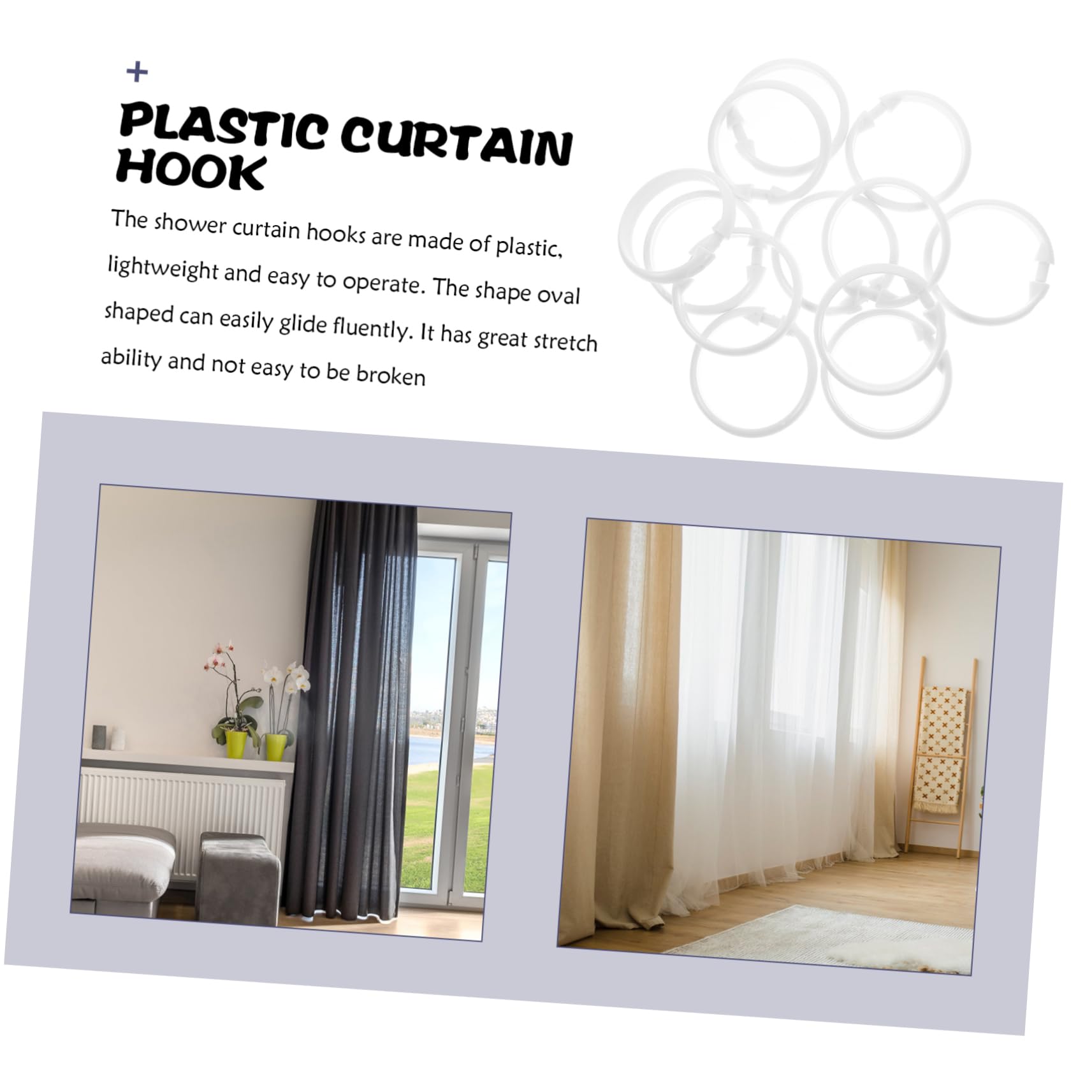 ABOOFAN 12Pcs Rustproof Plastic Shower Curtain Rings Hangers for Smooth Gliding Action Large Bath Hooks White for Bathroom Tub and Dressing Use