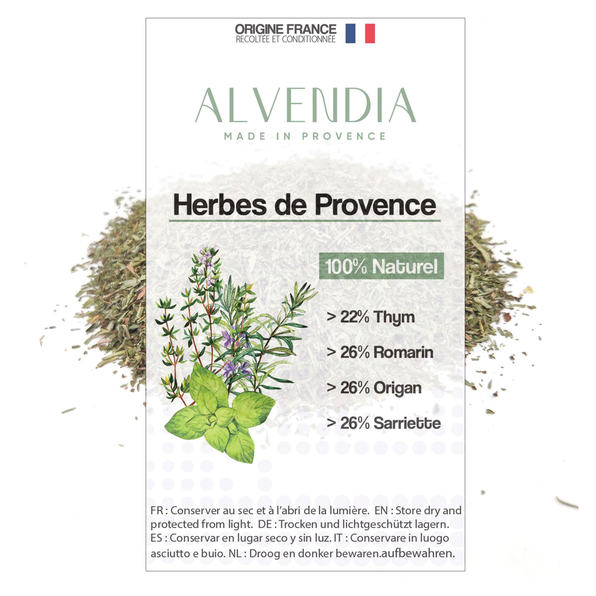 ALVENDIA - Véritables Herbes de Provence - Idéales pour la Cuisine - Thym, Romarin, Origan et Sarriette - Cultivée en Provence - Paquet de 400 Grammes - Récolte 2025