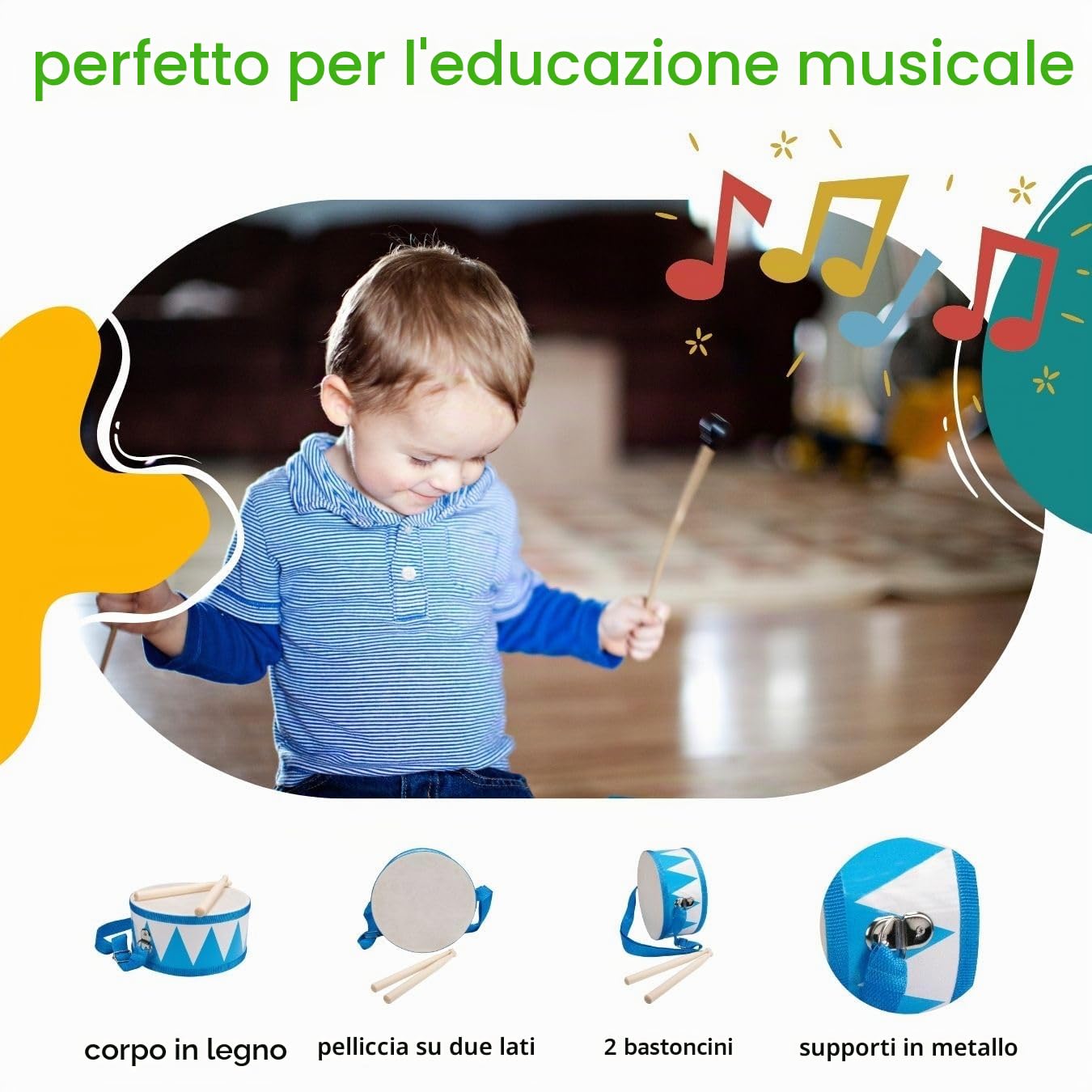 Tamburo per bambini blu bianco strumento musicale in legno con tracolla e bastoncini D: 20 cm - 3845