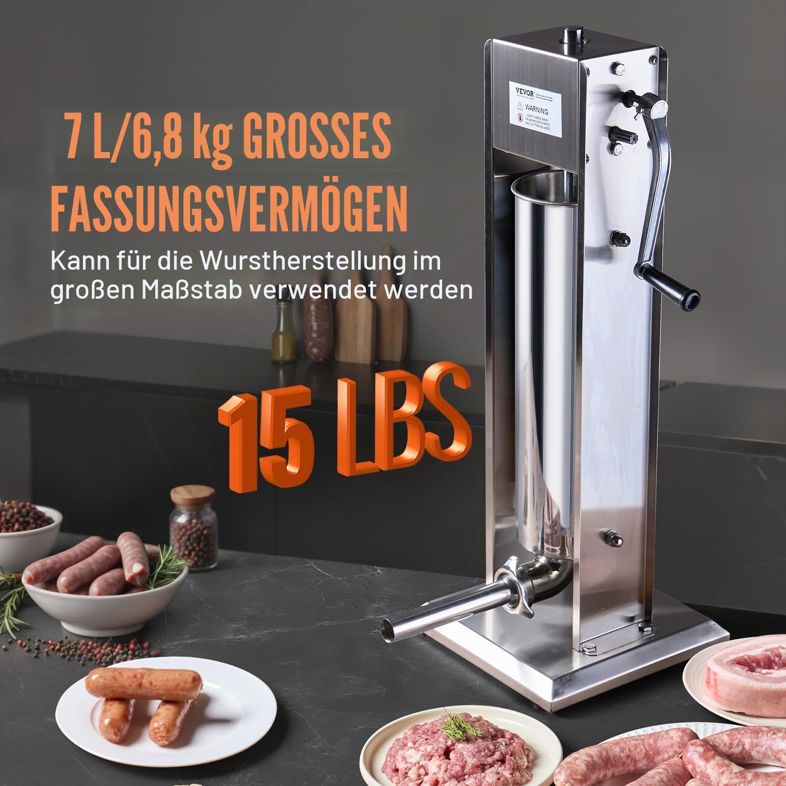 VEVOR Manueller Wurstfüller, 7 l / 15 Pfund vertikale Wurstmaschine, Fleischfüller mit zwei Geschwindigkeiten, aus lebensmittelechtem 304 Edelstahl, inkl. 5 Füllrohren, für Zuhause, Küche, Restaurant