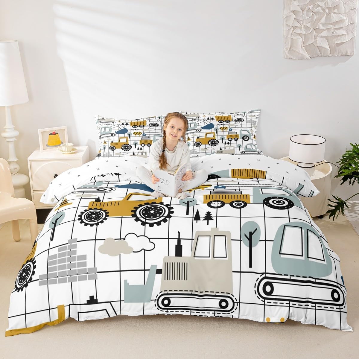 Construction Bedding Set Full Size Kids Excavator Tractor Toddler Comforter Cover Set Cartoon Car Equipment Trucks Plaid Grid Duvet Cover Construction Vehicles WhiteBedspread Cover Quilt Cover