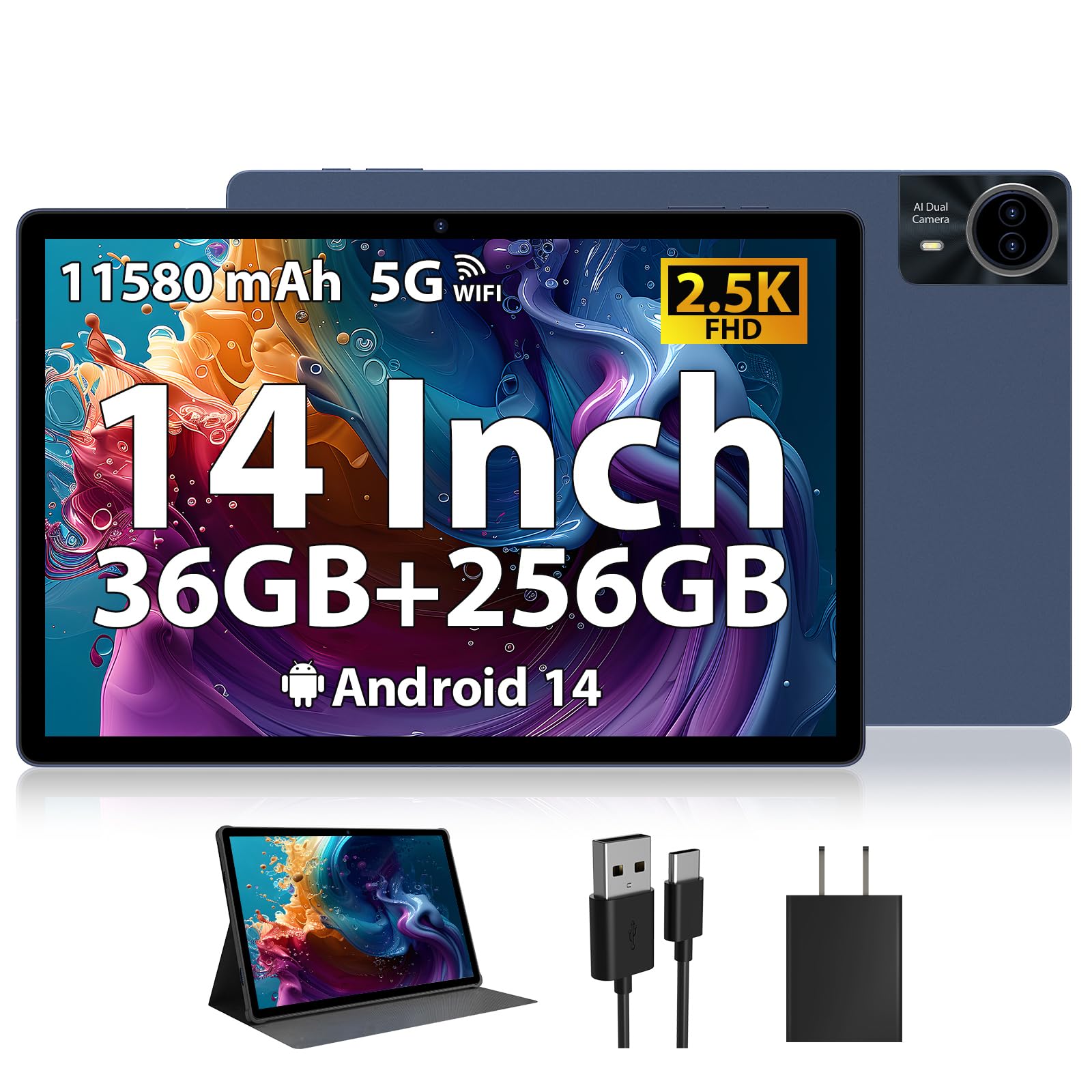 2025 Premium 14 inch Android Tablet: 2.5K IPS Display 36GB RAM 256GB ROM 1TB Expand | 8-Core 2.0HZ MT6769 Mali-G57 11580mAh Battery| 5G/2.4G WiFi Quad Box Speakers 8+13MP for Work Gaming Study-Blue