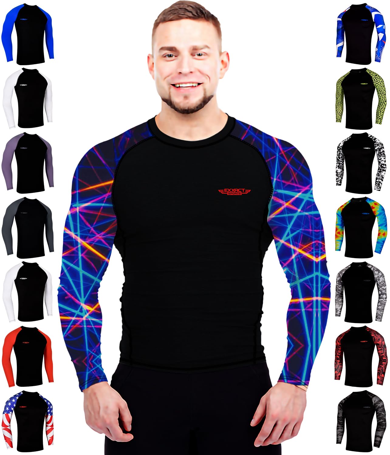Exxact SportsMens BJJ Rash Guard Jiu Jitsu Long Sleeve, Ranked Compression No Gi Jiu Jitsu Rash Guard Men for MMA, Wrestling