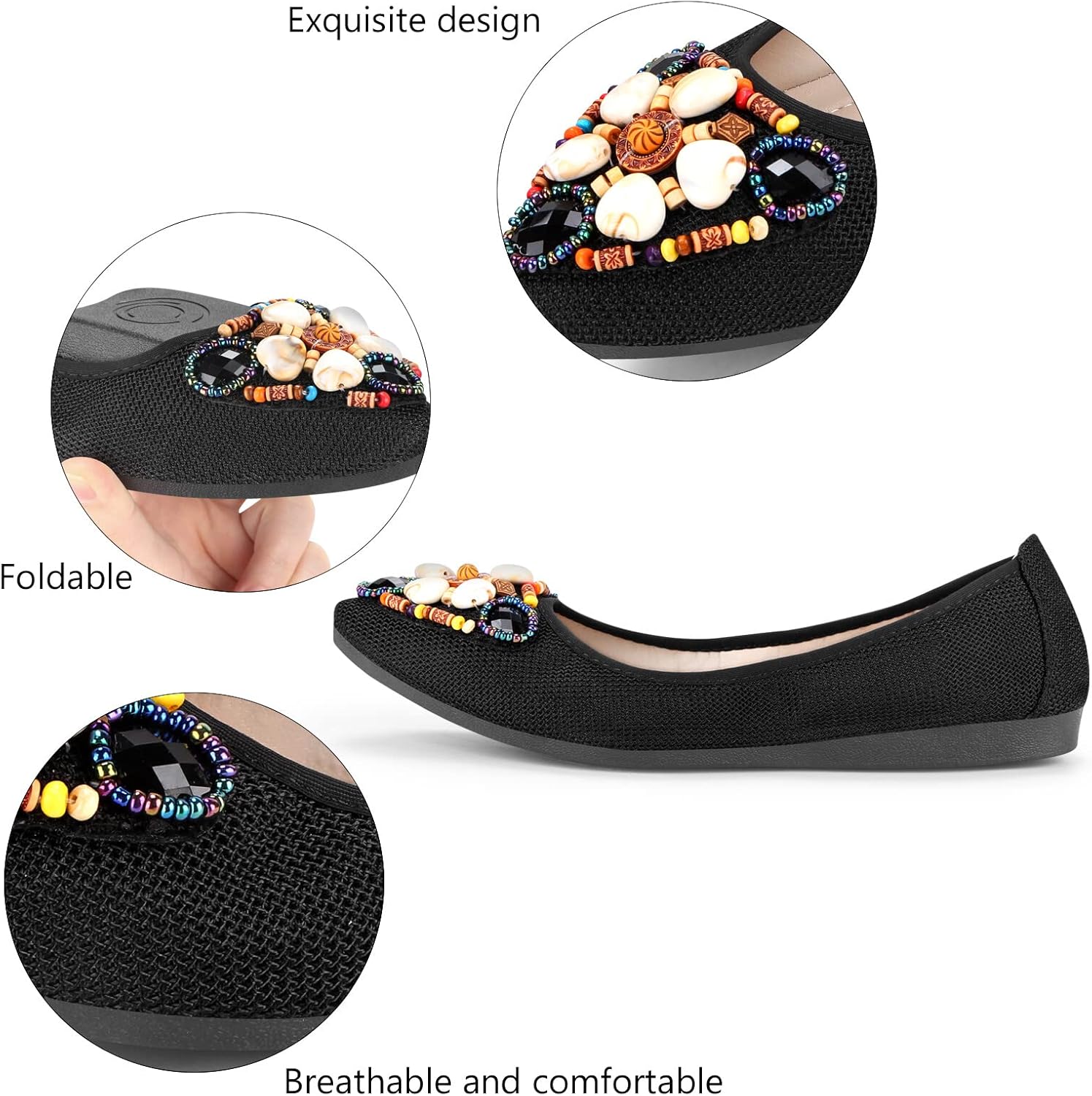 KUNWFNIX Women's Ballet Flats Foldable Classic Crown Rhinestone Slip On Flowers PU Leather Pointed Toe Comfort Flat Casual Dress Shoes - Image 4