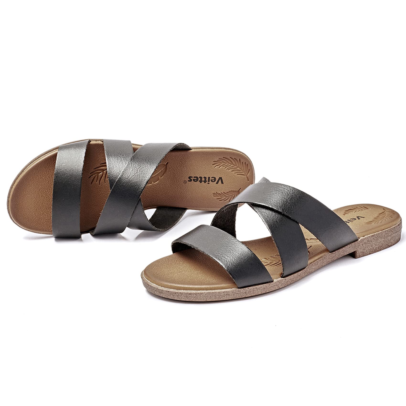 VeittesWomen's Flat Slide Sandals - Casual Cross Strappy Elastic Strap Spring Summer Shoes.