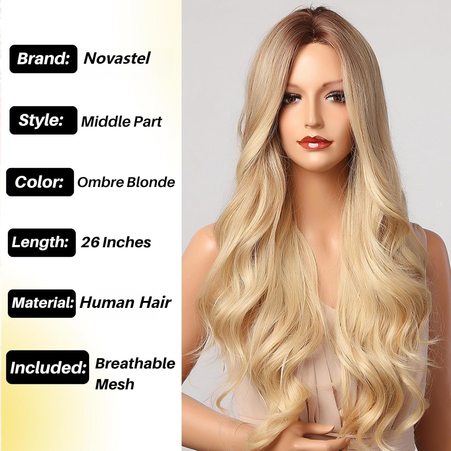 Blonde Wigs Human Hair with wavy Bangs Long Straight Layered Light Golden Heat Resistant for Women Party Daily Wear (Middle Part Blonde,26 Inch)