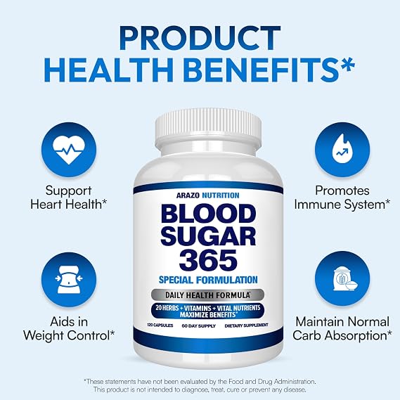 Arazo Nutrition Blood Sugar 365 Supplement Supports Healthy Energy Levels - 120 Herbal Pills - 60 Day Supply