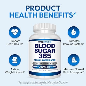 Arazo Nutrition Blood Sugar 365 Supplement Supports Healthy Energy Levels - 120 Herbal Pills - 60 Day Supply