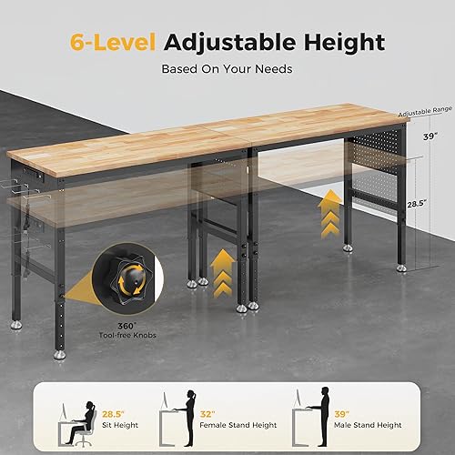 Miniatura 4 de Banco de trabajo ajustable de 96 pulgadas, capacidad de carga de 2000 libras, mesa de trabajo de madera de goma con tablero de clavijas, tomas de