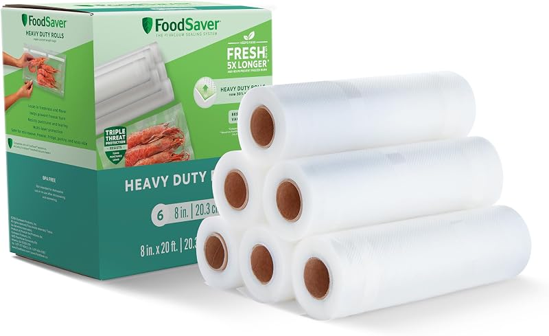 Rollo de sellado al vacío de alta resistencia, 8 x 20', paquete de 6, ideal para almacenamiento de alimentos y cocción Sous Vide
