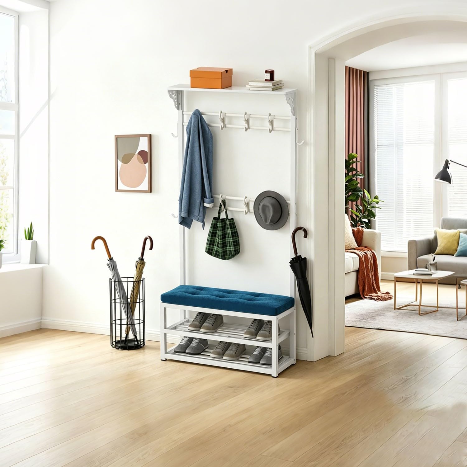 ACLFF Freestanding Hallway Tree with Removable Hooks, Shoe Bench and Storage Rack, Sturdy Metal for Entryway, Hallway, Living Room and Bedroom