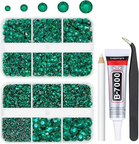 qiipii 3060PCS Jade Green Resin Crystal Rhinestones w B7000 Jewelry Glue for Bedazzling Crafting 2-6mm Moss Green Flatback Stones Diamonds Crystals Gems for Face Eyes Makeup Tumblers Bottles Crafts