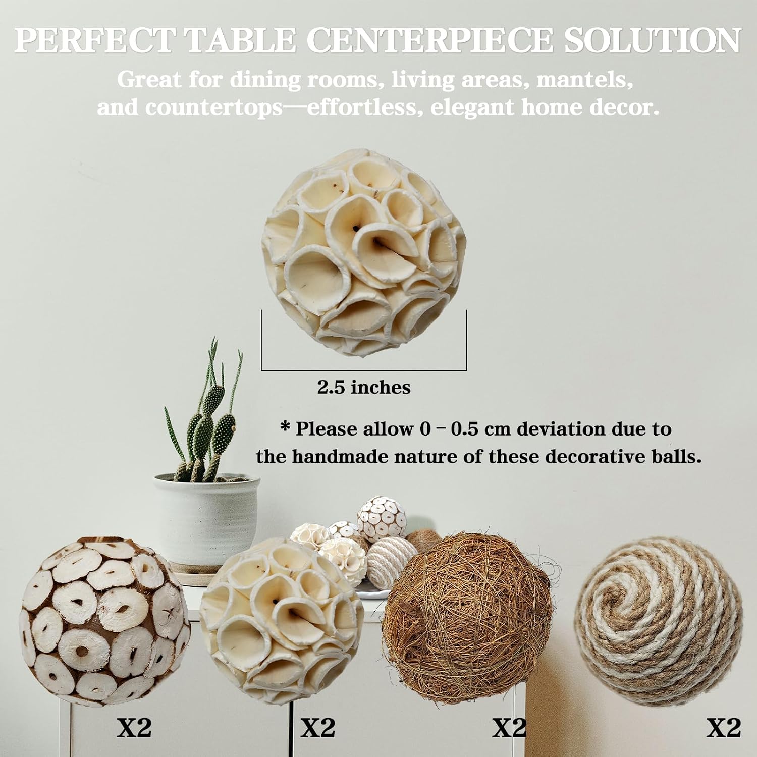 8 Pcs Natural Handmade Decorative Balls, Bowl Filler Orbs for Home Decor, Table Centerpiece & Dough Bowl Vase Decor