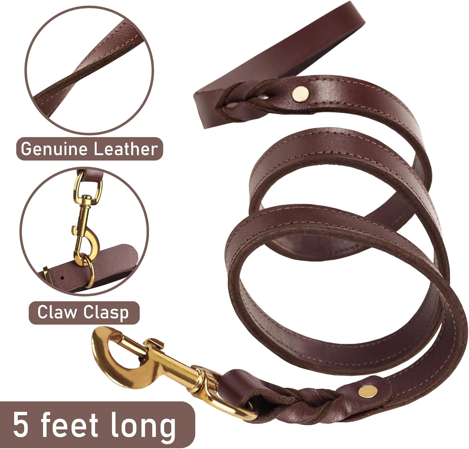 Heavy Duty Genuine Leather Dog Collar and Leash Set - 5ft Soft and Durable With Metal Buckle - Adjustable, Compatible for Small to Medium Dogs
