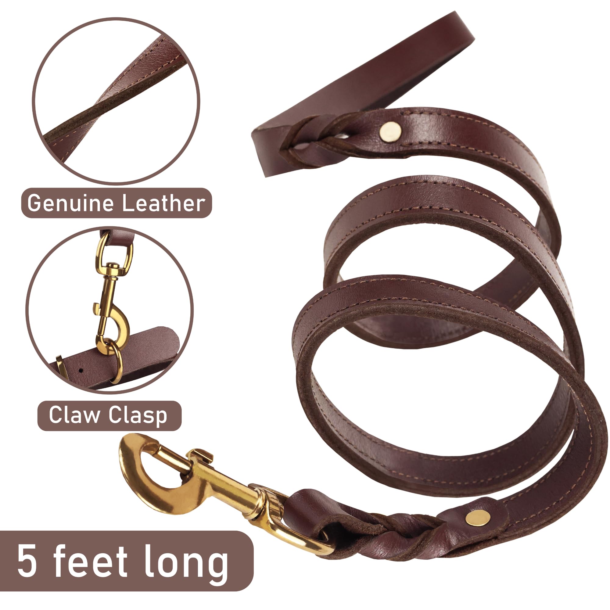 Ensemble collier et laisse pour chien en cuir véritable résistant - Doux et durable - Avec boucle en métal - Réglable, compatible avec les grands chiens - 1,5 m
