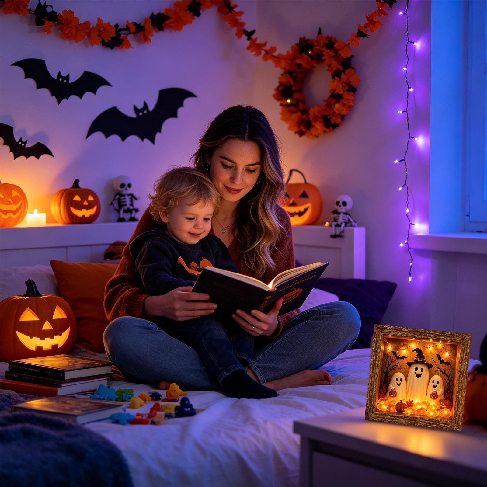 Scatola dei ricordi fai da te per Halloween, fatta a mano, decorazione rustica per Halloween | Cornice fantasma illuminata con pietra di vetro marino per interni: caminetto, scrivania, esposizione per feste