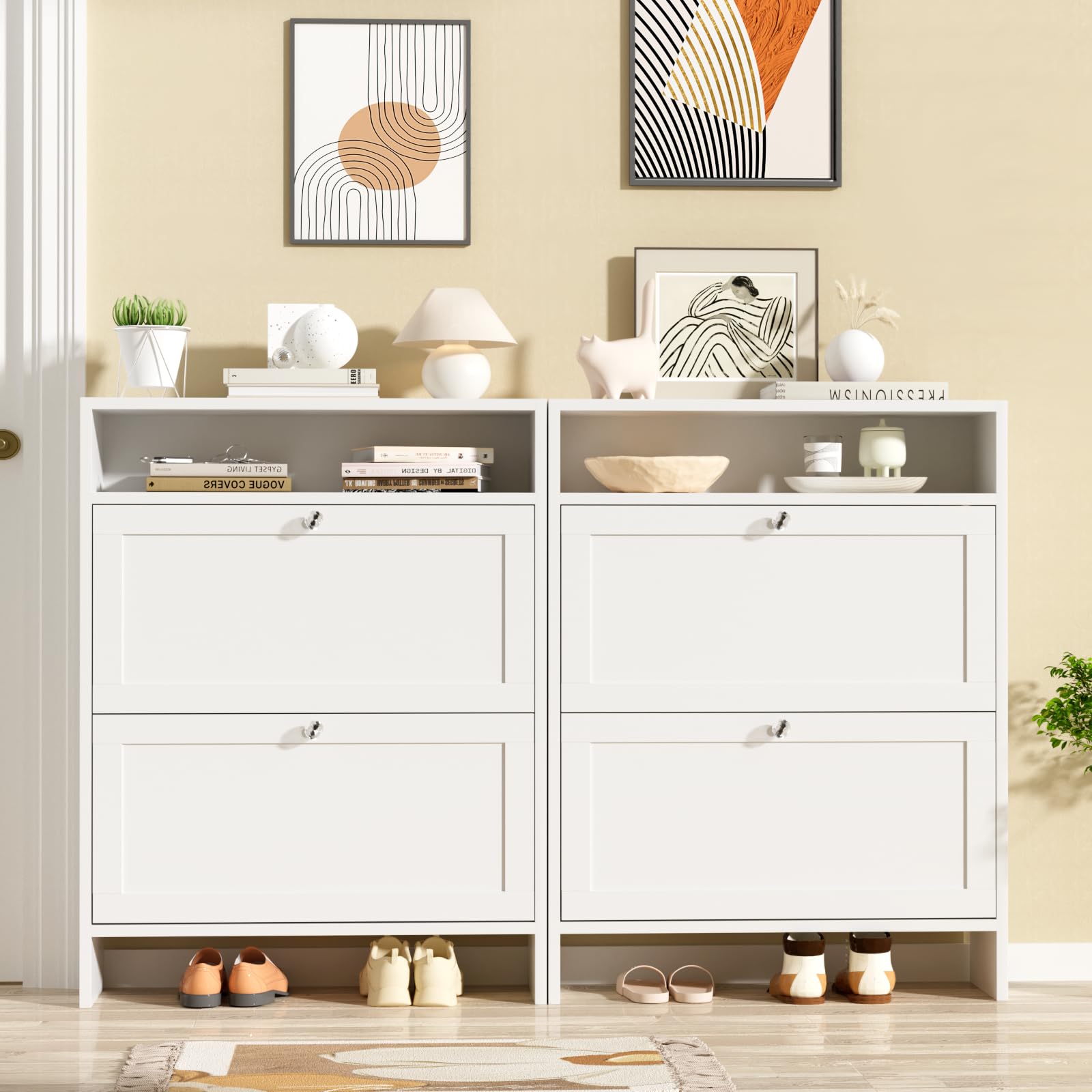 VOWNER Scarpiera Portascarpe in Legno, Scarpiera Slim Ingresso, Regolabili, con 2 Ante a Ribalta e Doppia Profondita, 80x108x24 cm (LxAxP), Bianco