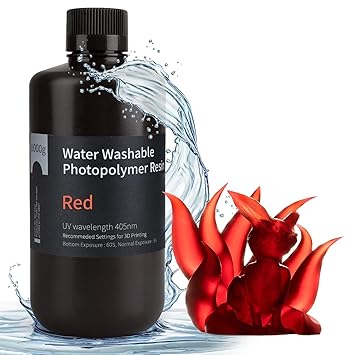 ELEGOO Water Washable 3D Printer Rapid Resin LCD UV-Curing Resin 405nm Standard Photopolymer Resin for LCD 3D Printing 1000Gram Clear Red