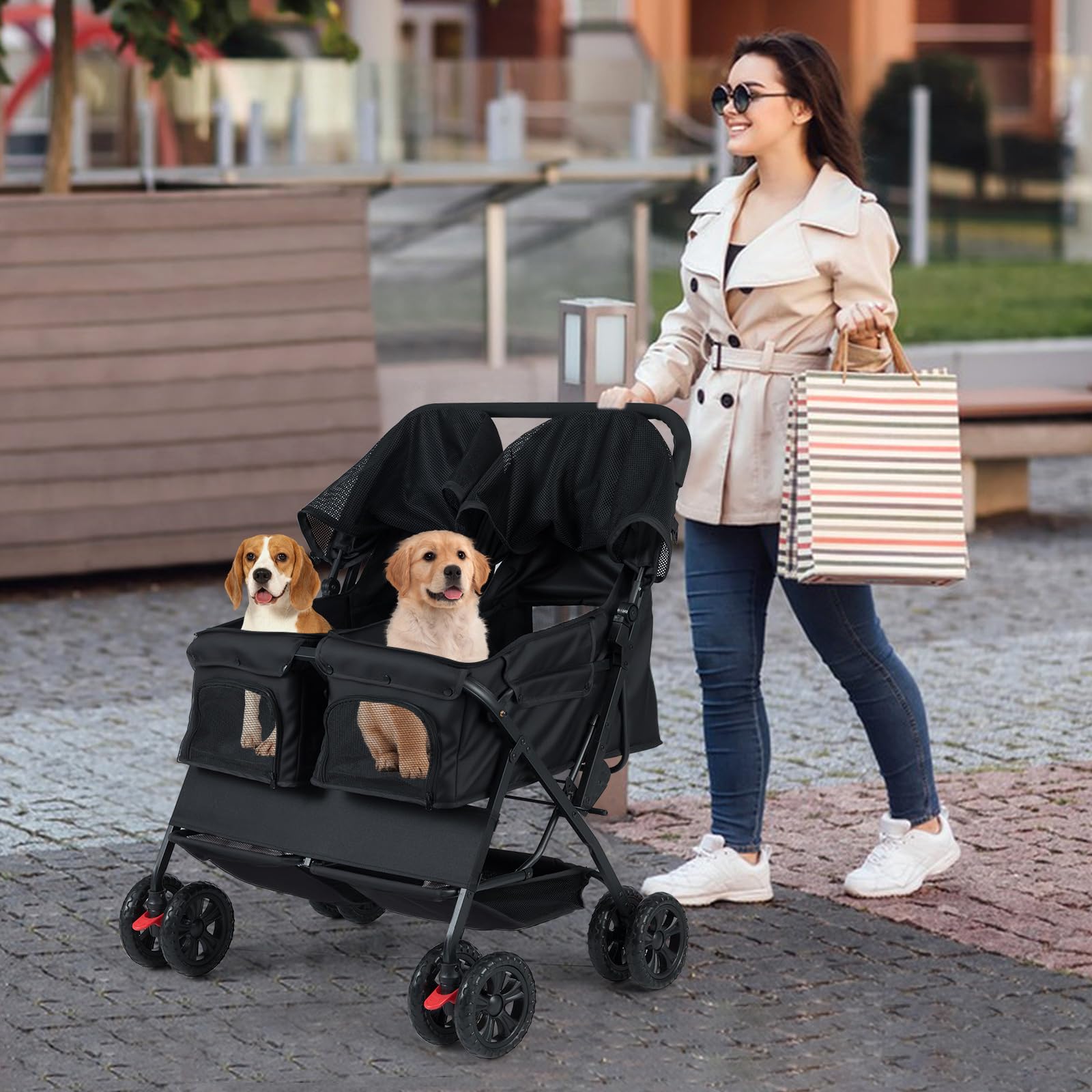 COSTWAY Podwójny wózek dla psów, składany, dla 2 psów i kotów, wózek dziecięcy z regulowanym daszkiem przeciwsłonecznym, tapicerką i koszem, torba transportowa, składana, podwójny, czarny