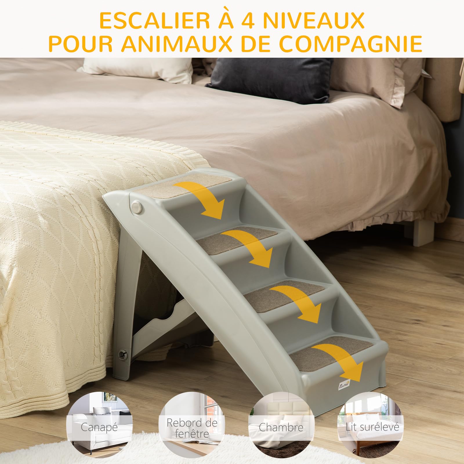 PawHut Escalier pour Chien Pliant 4 marches Antidérapantes, Portable en Plastique, Charge 10 kg, 62 x 38 x 49,5 cm, Gris