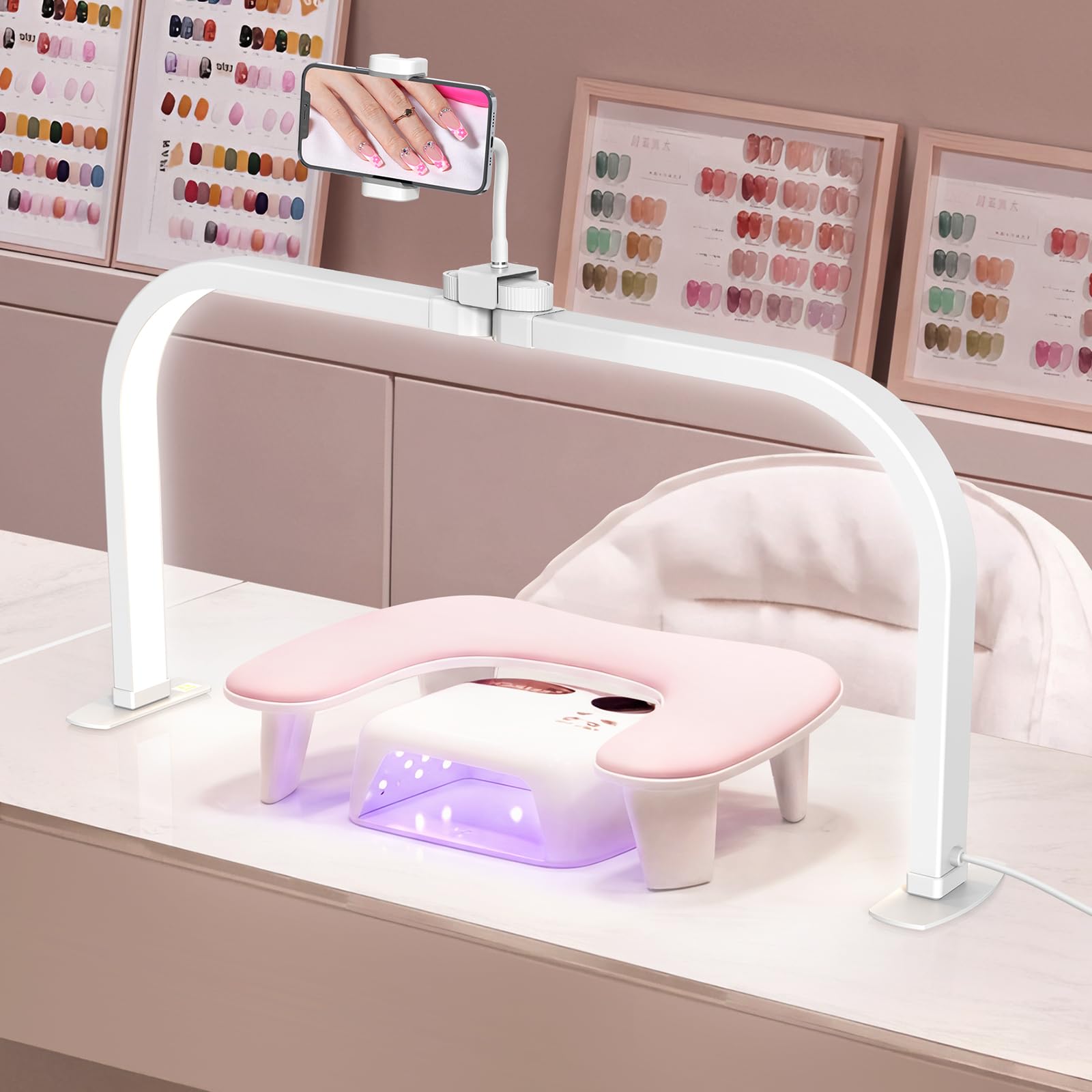 Adonafy Nail Light for Desk: 29in Foldable Half Moon Light with 4X Magnifier for Beginner - 3 Color Modes & 10 Brightness Nail Desk Lamp for Home & Salon Beauty/Reading/Tattoo - White