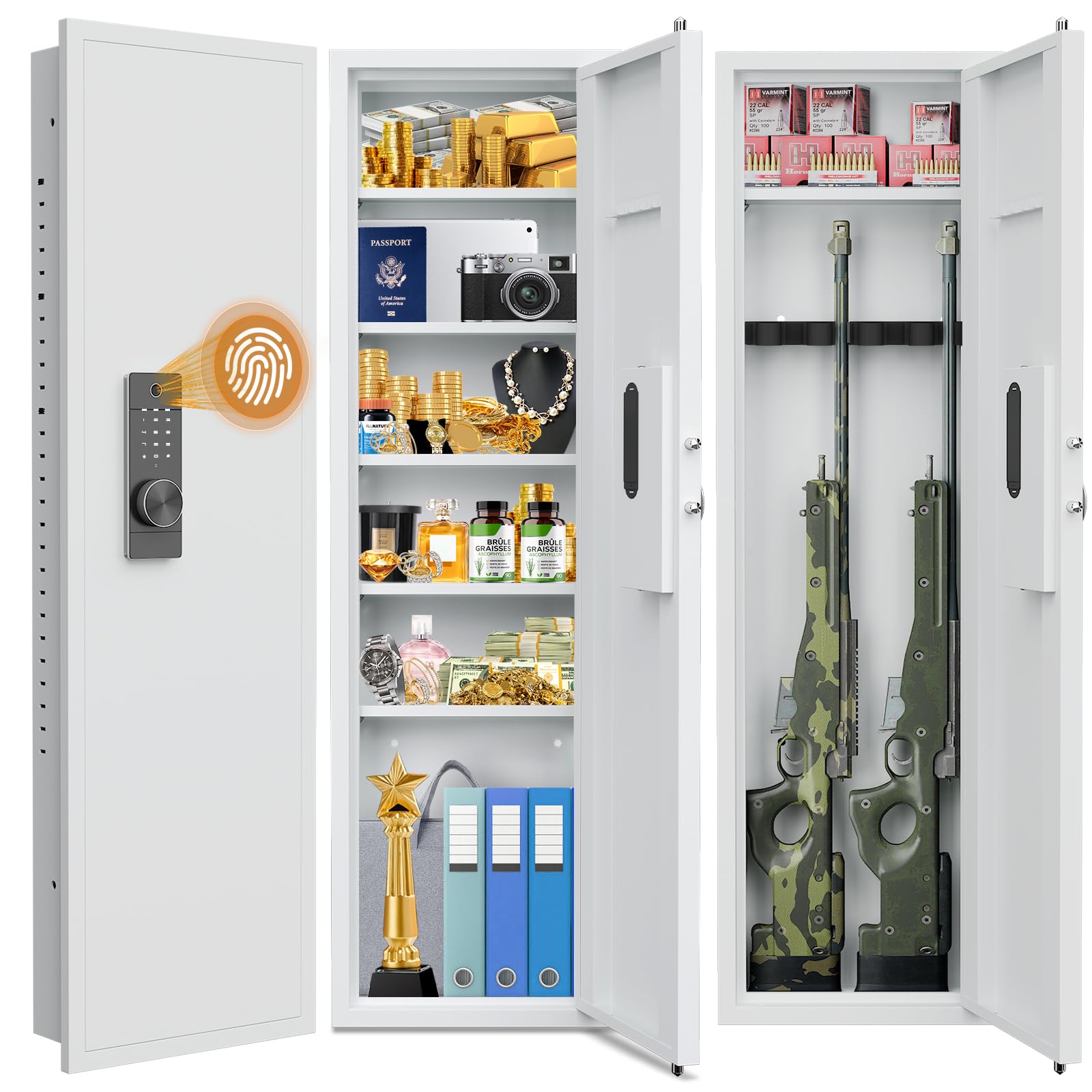 53.15" Wall Safe Between the Studs, Biometric Fingerprint Hidden Safe with Dual Alarm System and Silent Mode, Wall Gun Safe with 3 Adjustable Shelves and Magnetic Slot (White-Fingerprint)