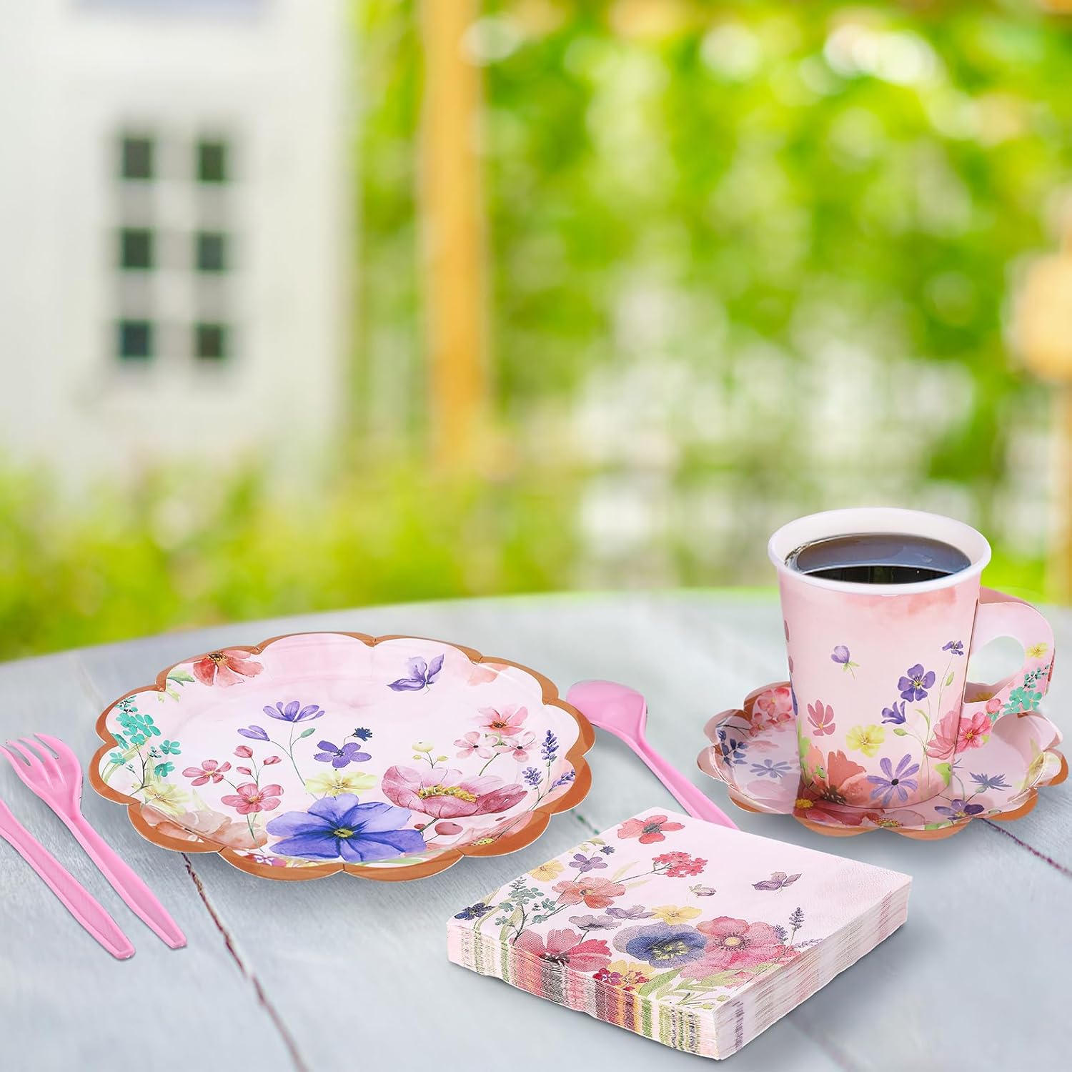 Funnymoom 176 Pcs Tea Party Supplies Include Floral Paper Tea Cups and Saucers Disposable Blossom Theme Paper Plates and Napkins Flower Banners for Baby Shower Birthday Bridal Wedding Spring Party