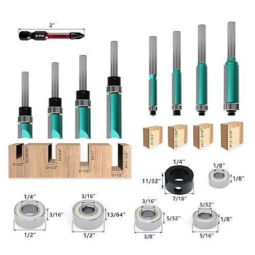Miniatura 2 de CSOOM 8 brocas de enrutador, 4 brocas de enrutador de recorte empotrado, 4 patrones de brocas, con 2 puntas magnéticas de impacto, 6 rodamientos, 2