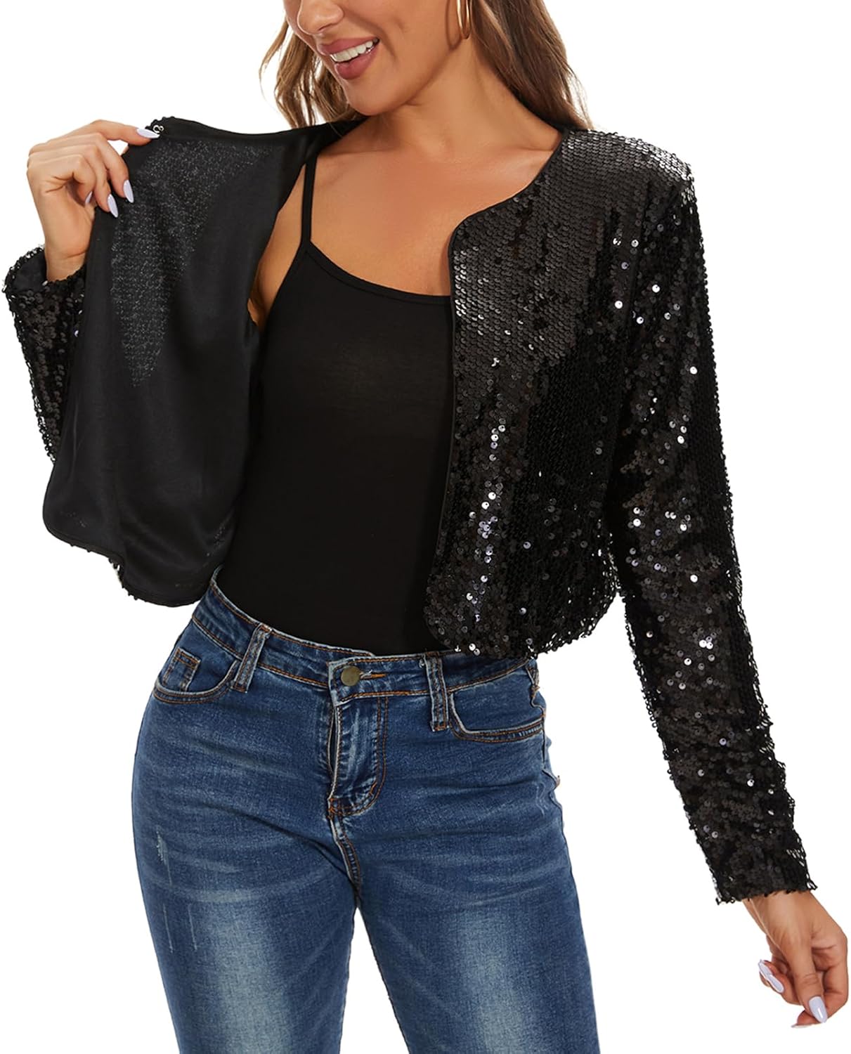 MINTLIMIT Women's Sequin Jacket Long Sleeve Open Front Sparkly Shrugs Glitter Cropped Bolero Cardigans - Image 4