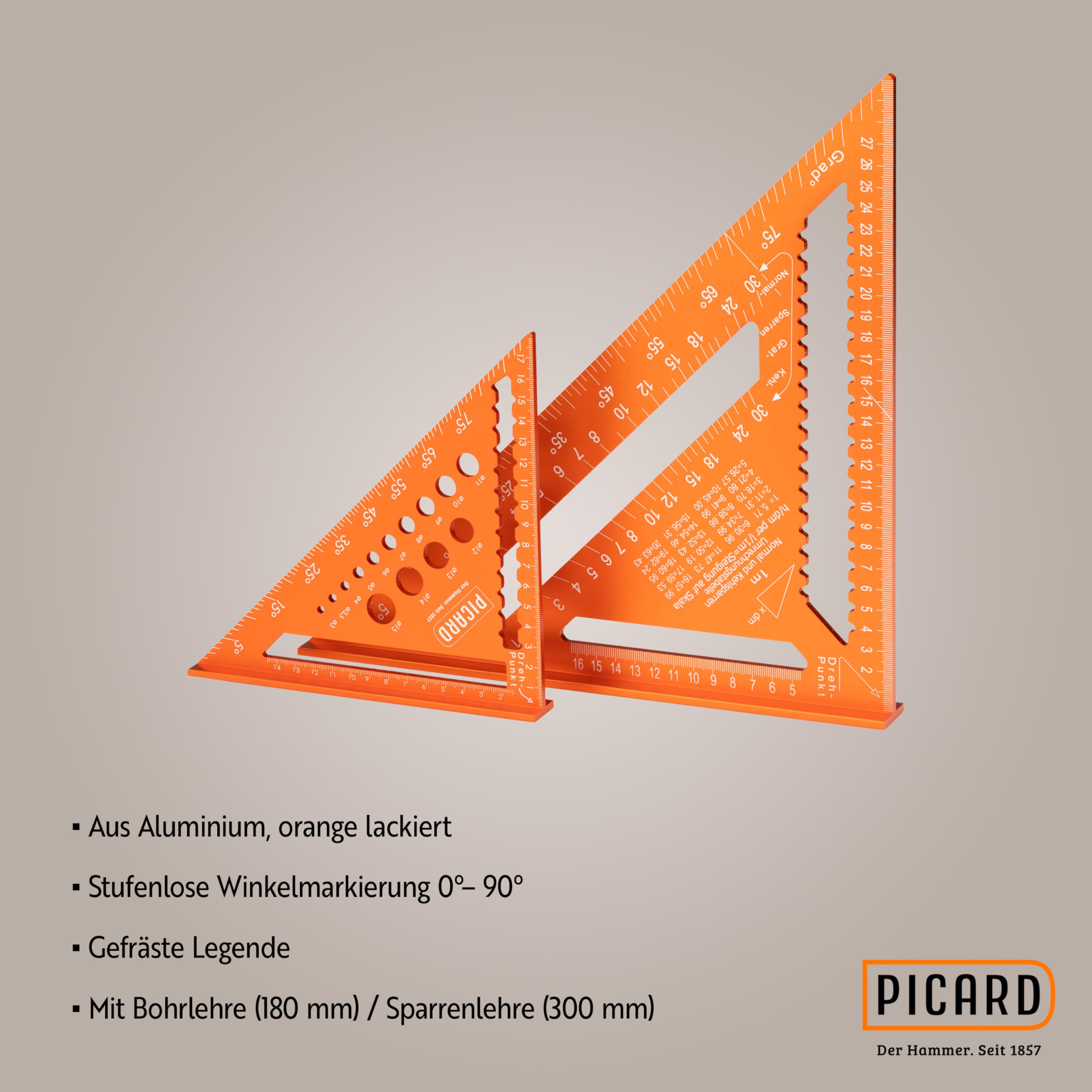 PICARD Zimmermannswinkel Set 180 mm mit Bohrlehre + 300 mm mit Sparrenlehre | Präzise Anschlagwinkel & Schreinerwinkel | Profi Zimmererwinkel für Holzbau & Dachkonstruktion | Speed Square metrisch