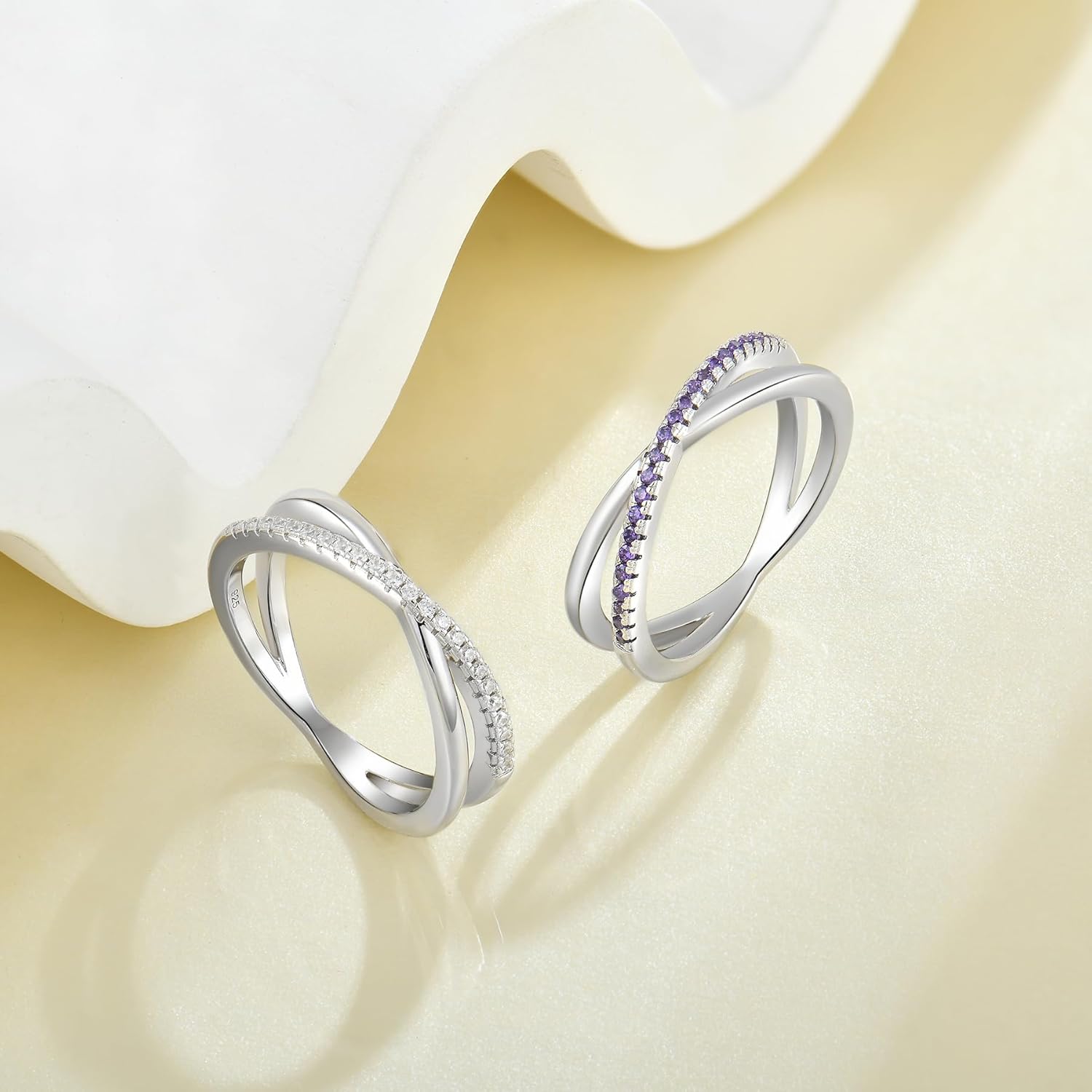 YL X Ring 925 Sterling Silver Stackable Rings Created Amethyst Criss Cross Band for Women-size7