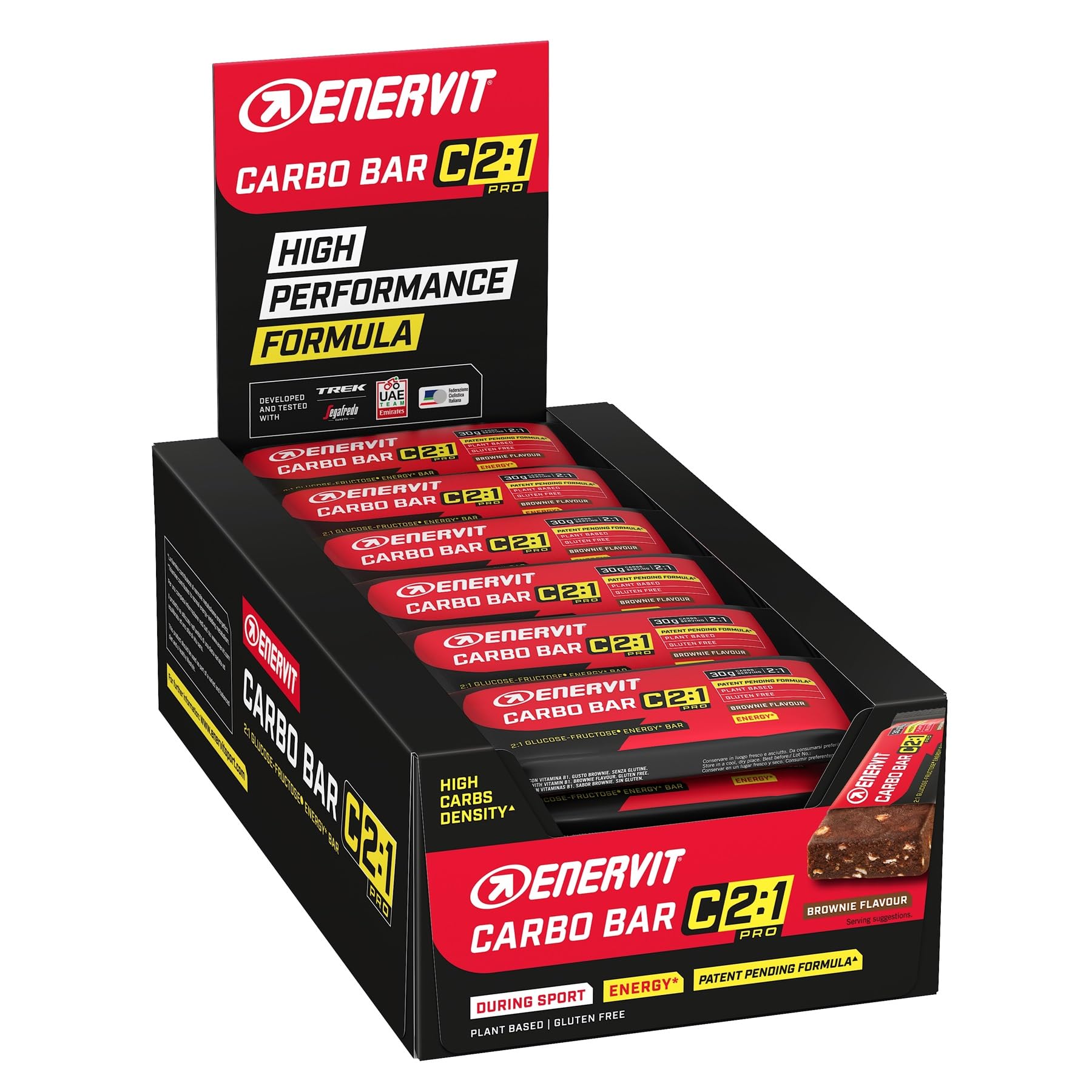 Enervit, Carbo Bar C2:1PRO Brownie, Barrette Energetiche, 30g di Carboidrati, Gusto Cioccolato, Per Attività di Endurance, +50% di Carboidrati Assorbiti, Senza Glutine, VeganOk, 30 Barrette da 45g
