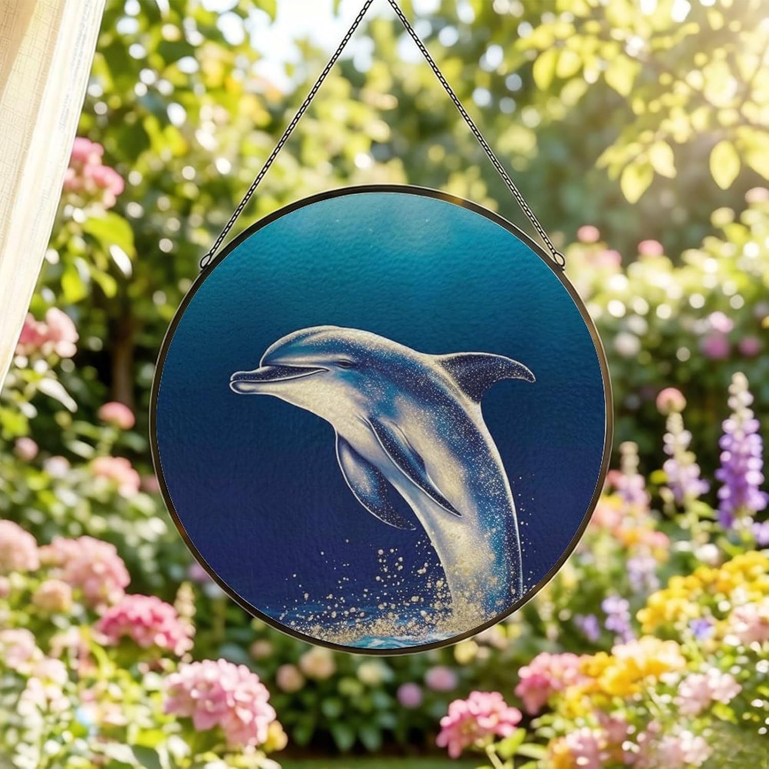 30x30cm Round Stained Glass Suncatcher for Window Hanging Decor with Chain