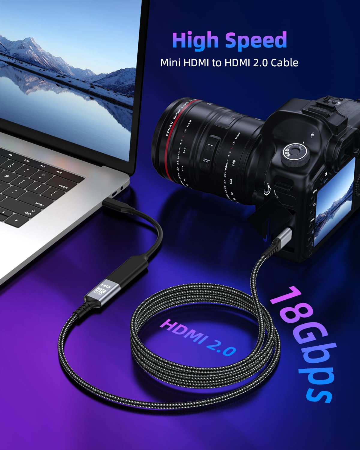 Kabel Mini HDMI do HDMI, 4K@60 Hz, 2K@120 Hz, 18 Gb/s HDMI do Mini HDMI z HDR UHD Arc HDCP, kompatybilny z kamerą, Raspberry Pi Zero, projektorem, monitorem, laptopem, HDTV (3M)