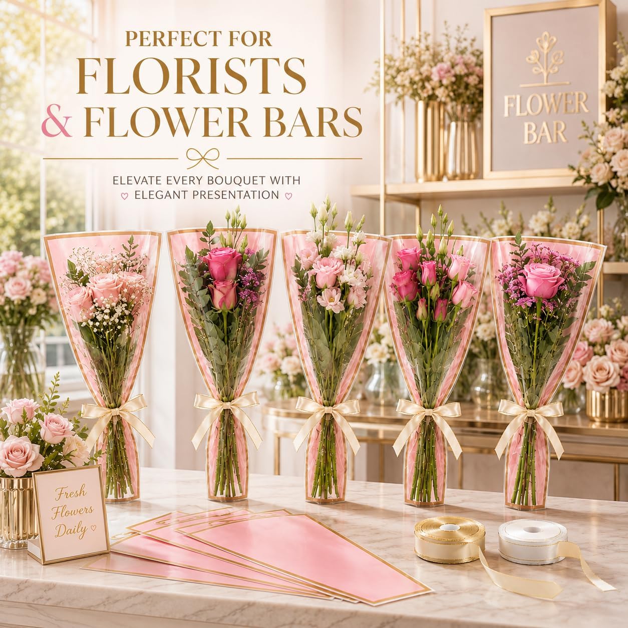 20 PCS Pink Flower Bags for Bouquets, 17.8 x 11.2 Inches Plastic Flower Sleeves Flower Bouquet Wrapping Paper, Clear Front Bouquet Bags Floral Wraps Gift Bag with Champagne & White Ribbons for Florist image 5