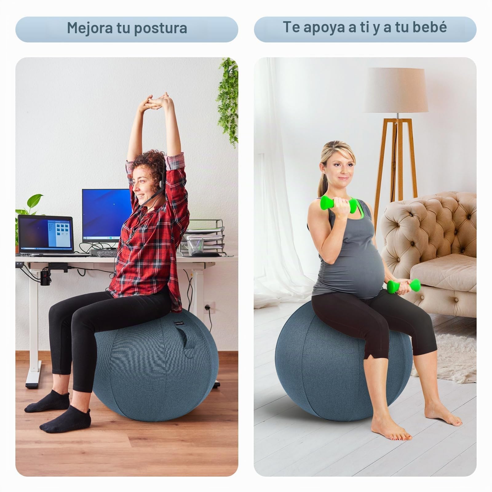 Leogreen Pelota de Pilates Gris 65/75 cm, Silla Balón Ergonómica | Funda Lino Lavable, Antideslizante, Yoga, Oficina y Postura Correcta, Embarazo