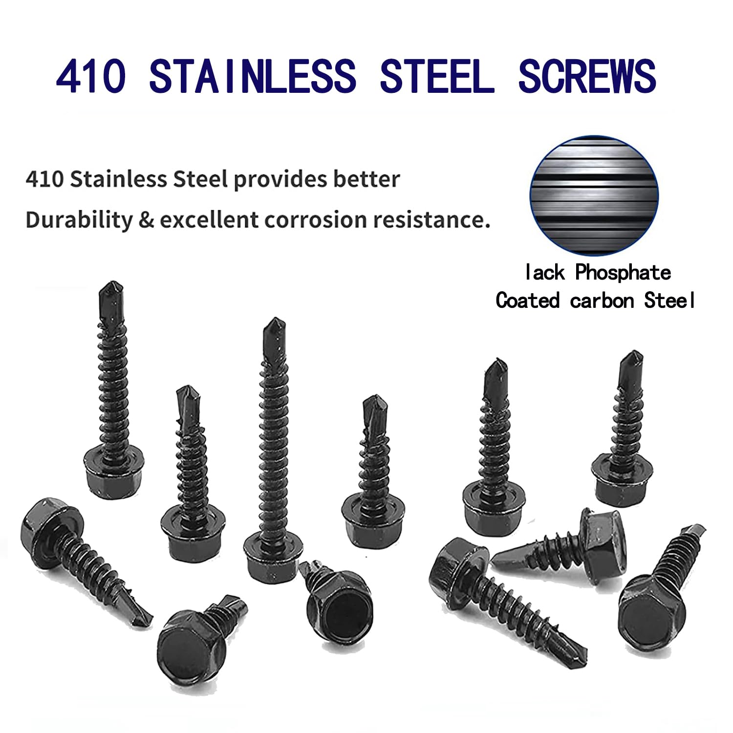 450 PCS 410 Stainless Steel Hex #8#10 Self Tapping Screws for Metal, Self Drilling Screws Assortment Kit, Black Oxide, Length 1/2" to 1-1/2'' (Hex #8#10 x1/2" to 1-1/2")